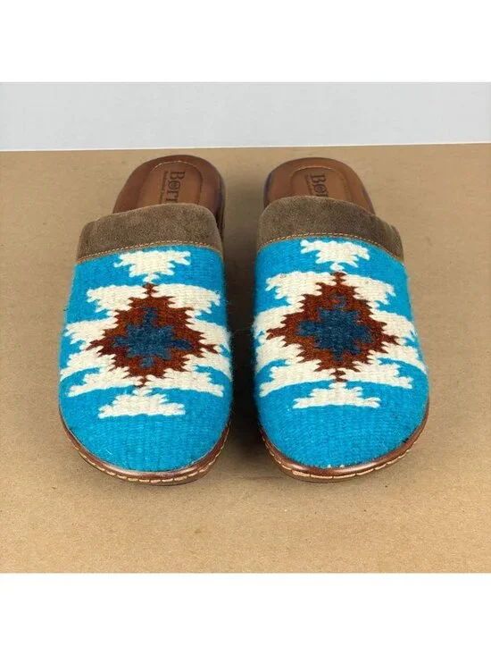 Born Bandy Blanket Mules Clogs Womens 9 Brown Blue White Slip On - Picture 2 of 11